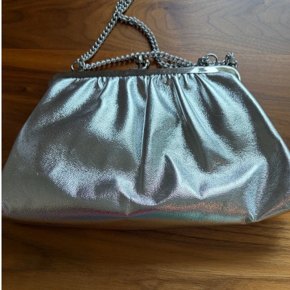 Clutch Bag Womens Small Silver Holographic Metallic Frame Evening Prom